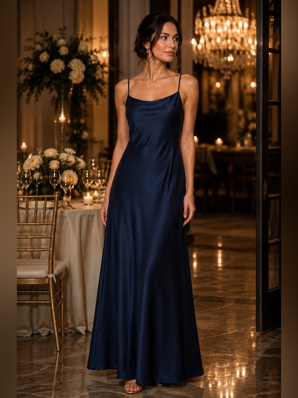 Betsy & Adam Navy Blue Satin Maxi Slip Dress Size 10 Spaghetti Strap Formal NWOT